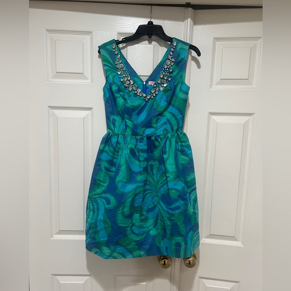 RARE Lilly Pulitzer Metallic Turquoise Teal‎ Green Kaya Pattern Rhinestone Dress